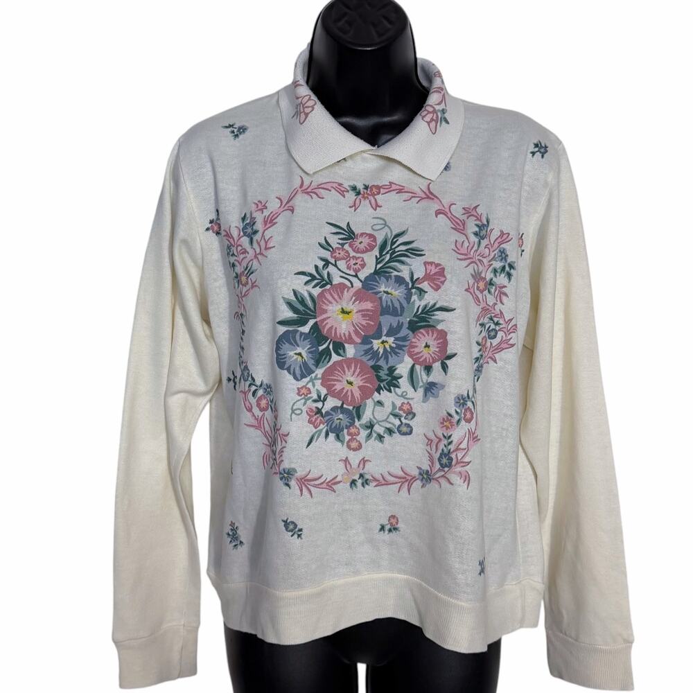 VTG 90s Floral Collared Sweatshirt Cream Long Sleeve Cottagecore Grandmacore L